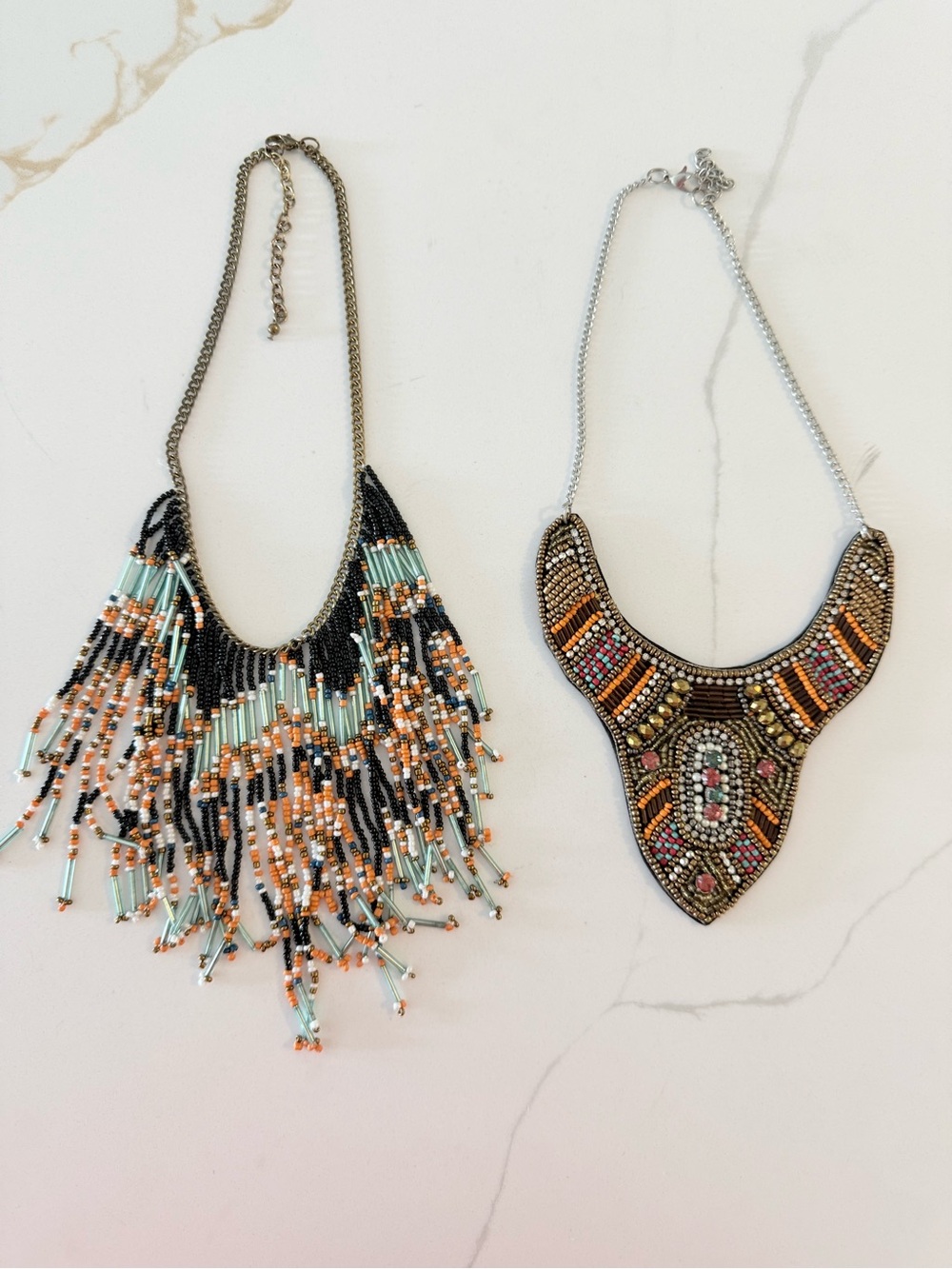 Fringe Beaded Statement Necklaces  in Black, Mint & Peach